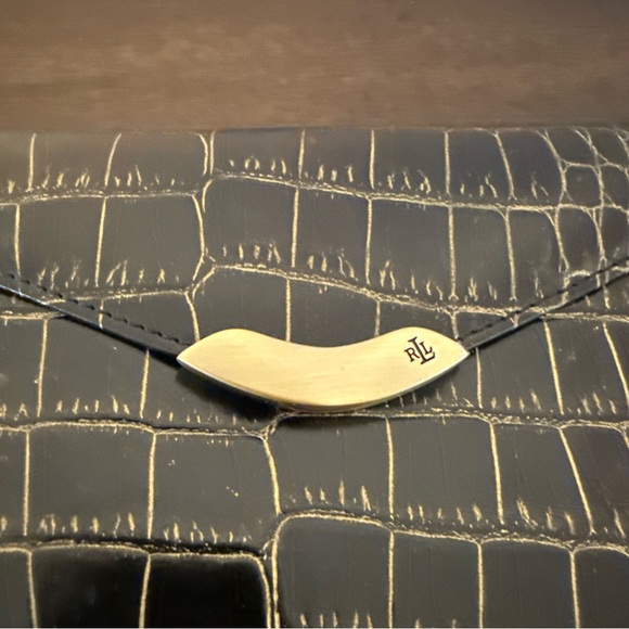 NWT Vintage Lauren Ralph Lauren Croc Embossed Wallet W Golden Hardware Black - Picture 2 of 8